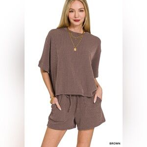 Zenana Raised Rib Short Sleeve Tee and Drawstring Shorts Set
